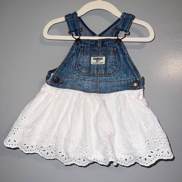 OshKosh B'gosh Other - OshKosh B'gosh Denim Bibs Dress with White Floral Lace Detail Size 6-9M